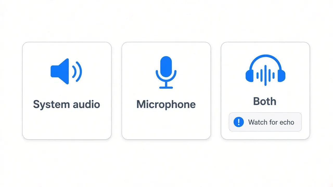 Three audio source choices for a recording: system audio, microphone, or both, with a note to watch for echo.