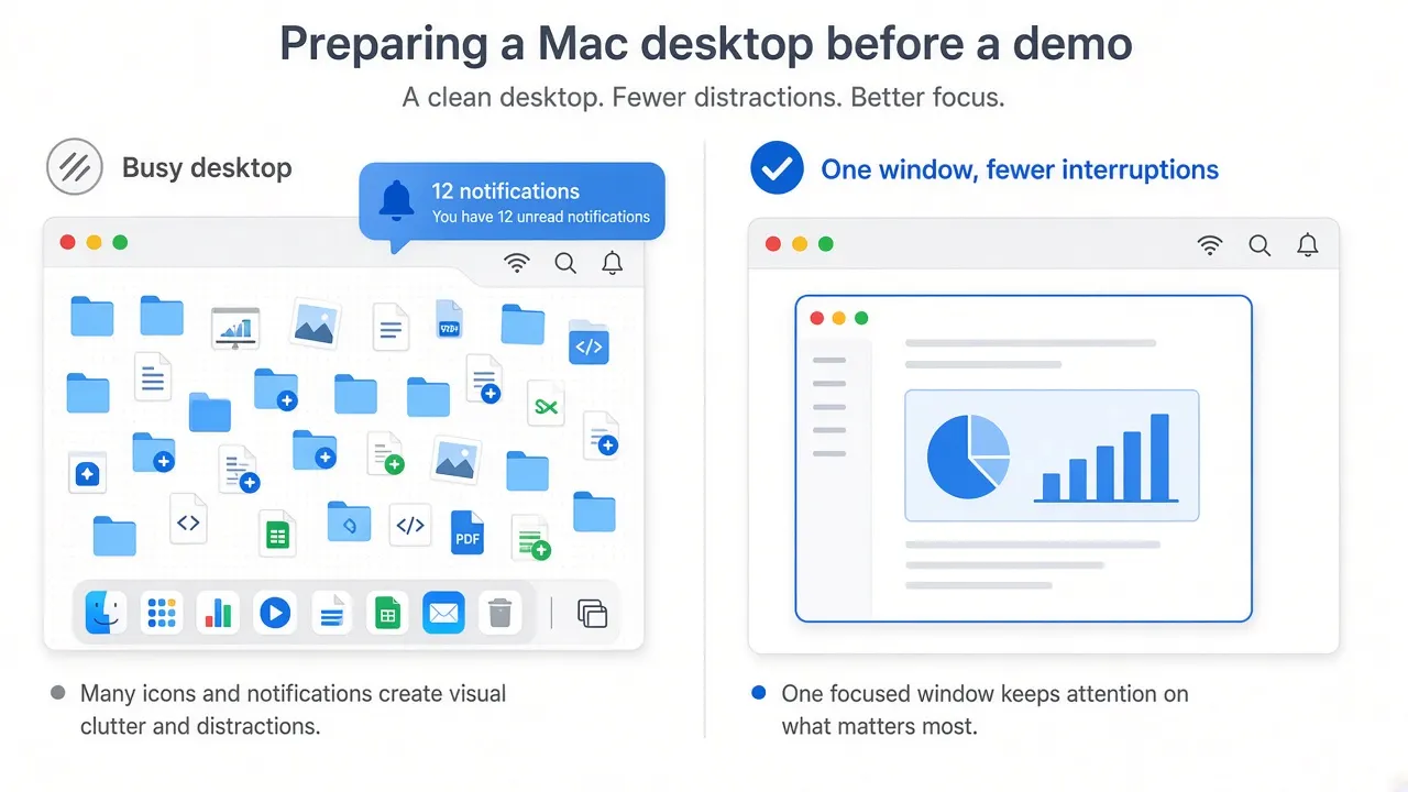 A cluttered desktop with many icons and a notification compared with a clean desktop that shows one window.