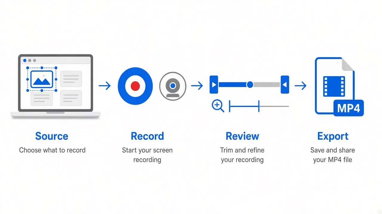 Four stages of a recording session: choose a source, record, review the timeline, then export an MP4 file.