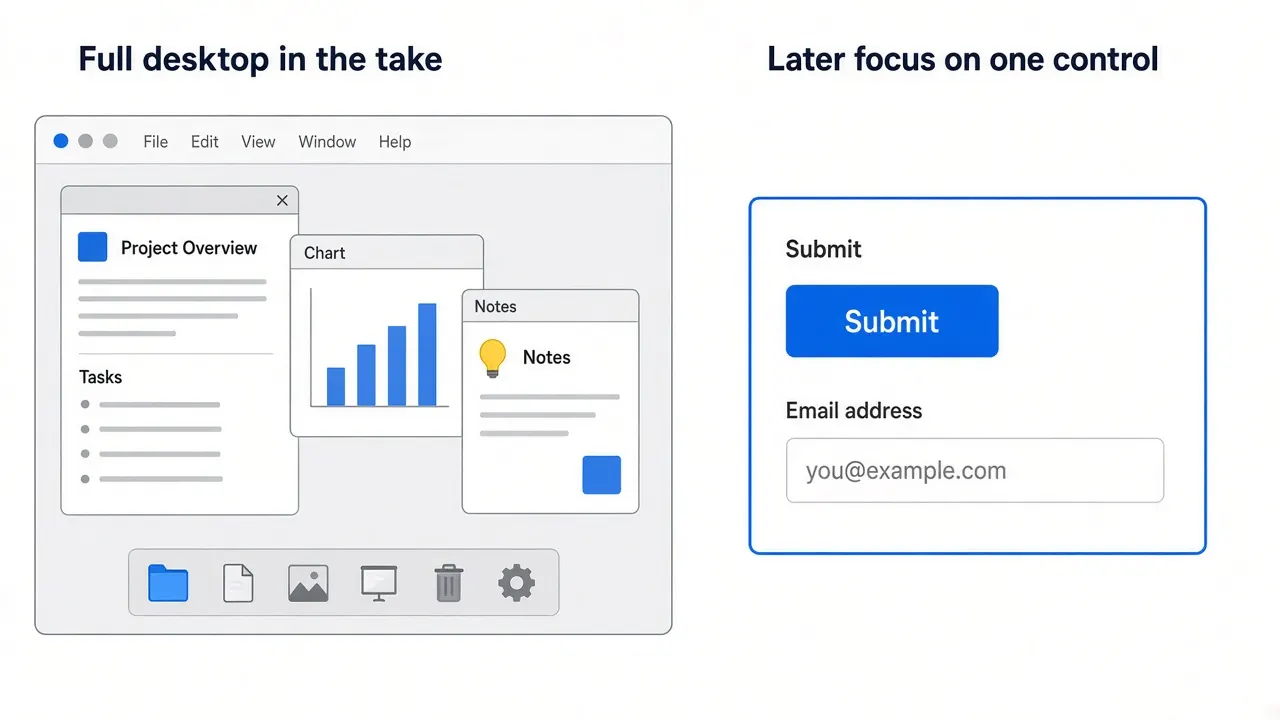 A wide desktop recording on the left and a later zoom that isolates one control on the right.